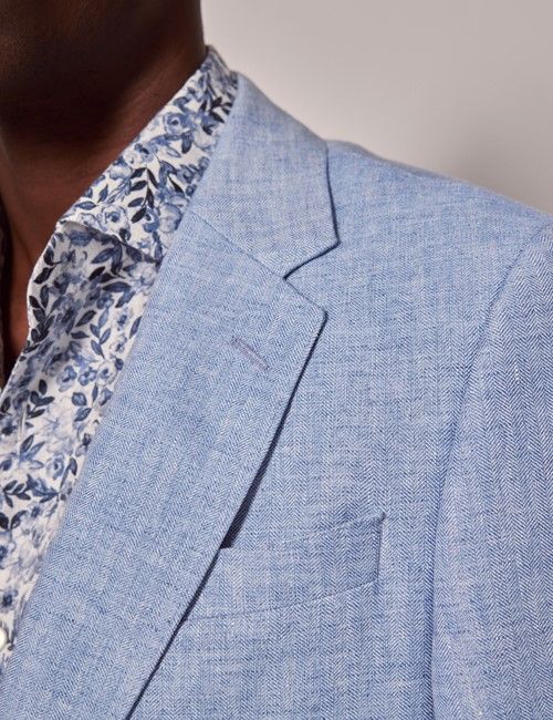 Light Blue Herringbone Linen Italian Tailored Suit Jacket- 1913 Collection-preview