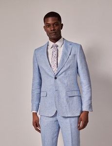 Light Blue Herringbone Linen Italian Tailored Suit Jacket- 1913 Collection-preview3