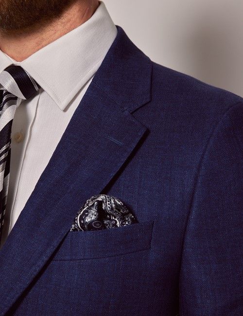 Royal Blue Herringbone Linen Italian Tailored Suit Jacket - 1913 Collection-preview