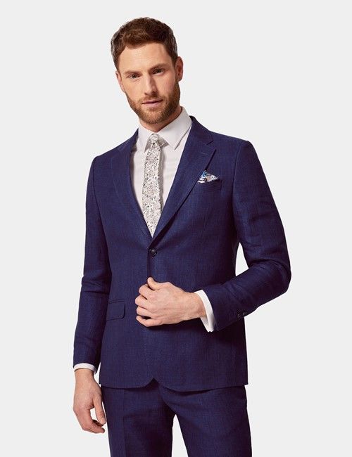 Royal Blue Herringbone Linen Italian Tailored Suit Jacket - 1913 Collection