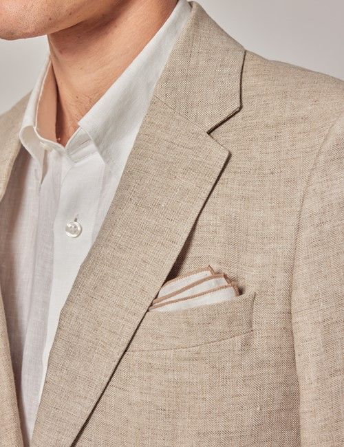 Natural Herringbone Linen Italian Tailored Suit Jacket - 1913 Collection-preview