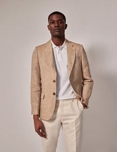 Beige Herringbone Linen Tailored Italian Suit Jacket - 1913 Collection
