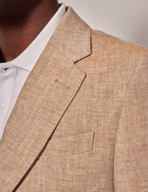 Beige Herringbone Linen Tailored Italian Suit Jacket - 1913 Collection-preview