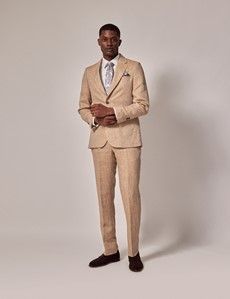 Beige Herringbone Linen Tailored Italian Suit Jacket - 1913 Collection-preview9