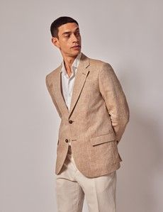 Sand Herringbone Linen Tailored Italian Suit Jacket - 1913 Collection