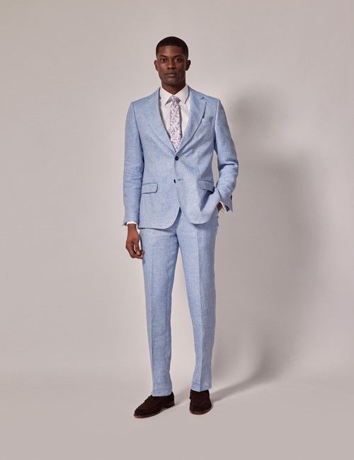 Light Blue Herringbone Linen Tailored Italian Suit - 1913 Collection