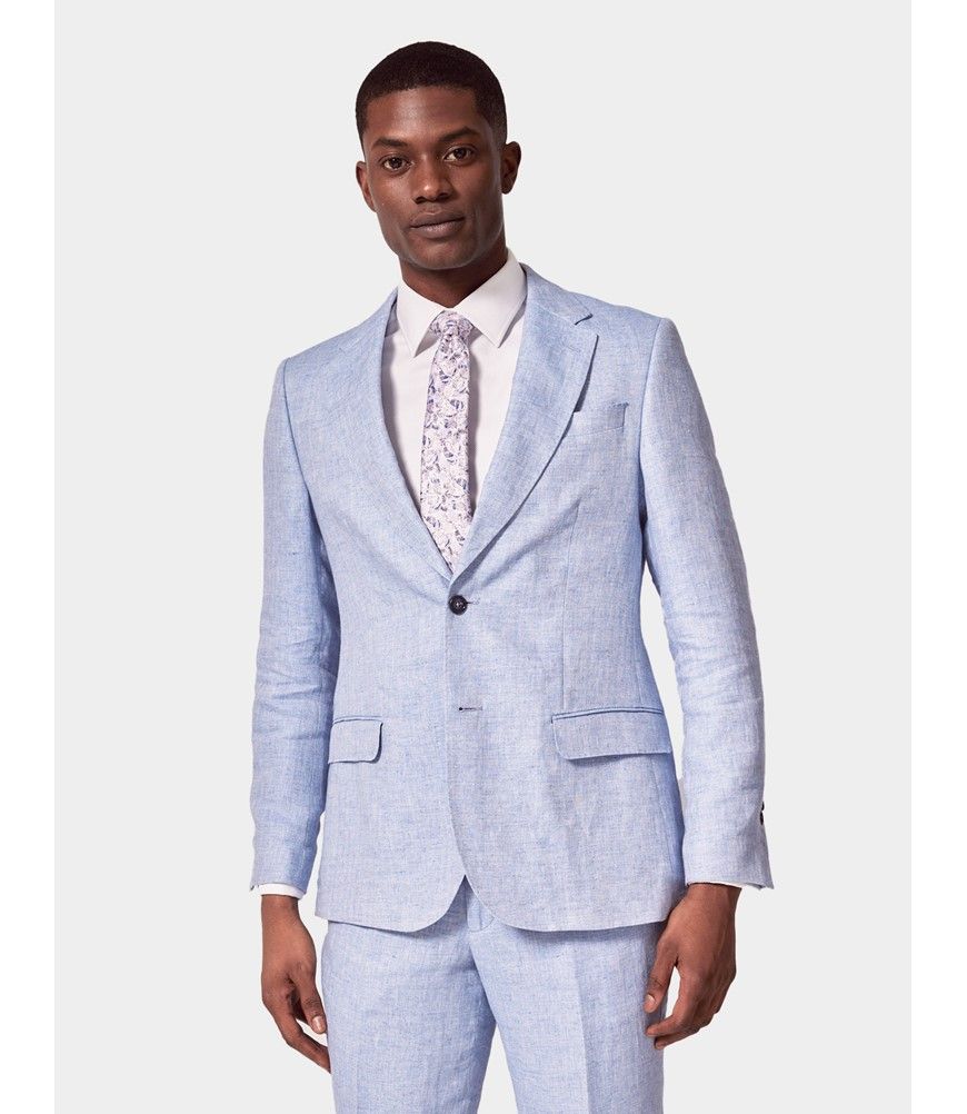 Men's Light Blue Herringbone Linen Piece Tailored Fit Italian