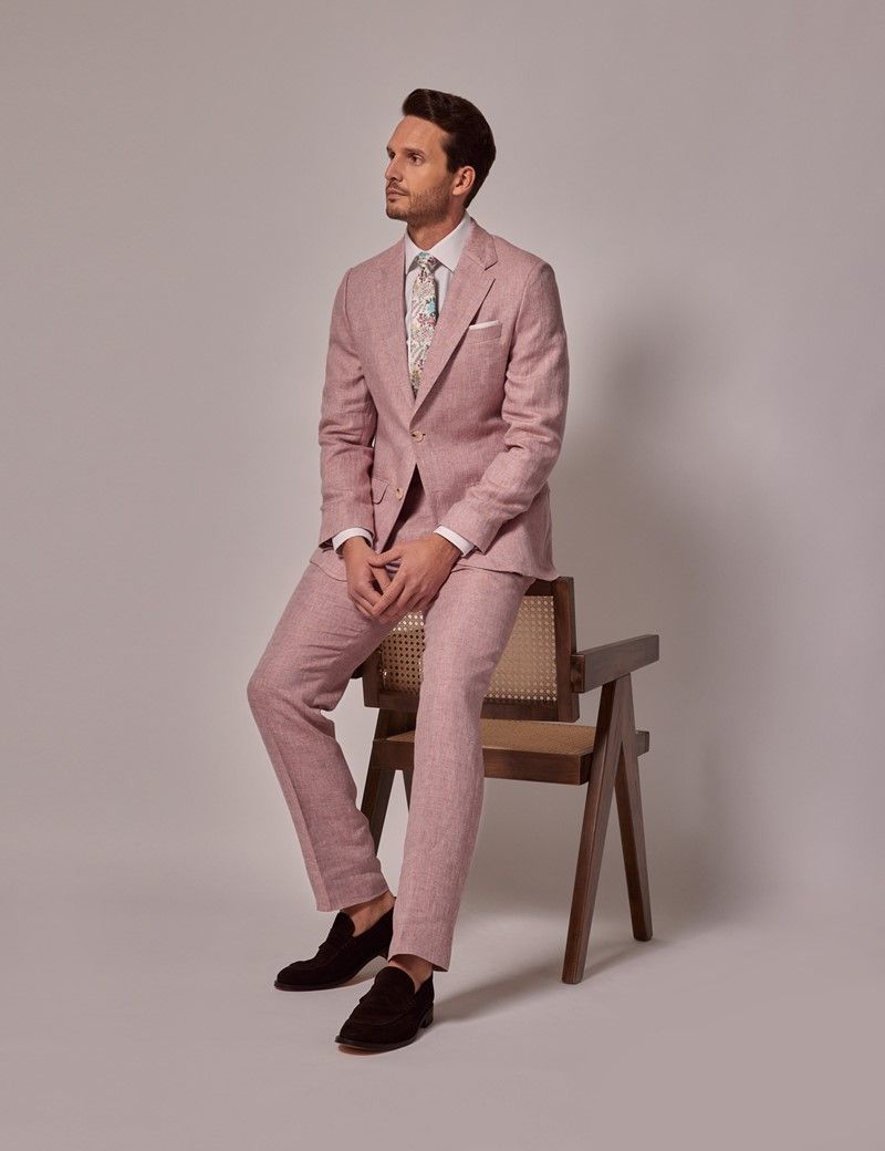 Men s Pink Herringbone Linen Italian Tailored Suit 1913 Collection Hawes Curtis