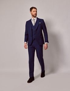 Men's Royal Blue Herringbone Weave Linen 3 Piece Tailored Fit Italian ...