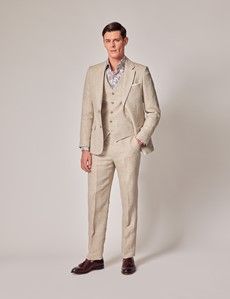 Natural Herringbone 3 Piece Linen Tailored Italian Suit - 1913 Collection