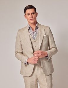 Natural Herringbone 3 Piece Linen Tailored Italian Suit - 1913 Collection-preview2