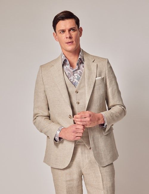 Natural Herringbone 3 Piece Linen Tailored Italian Suit - 1913 Collection