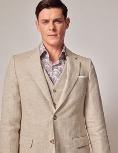 Natural Herringbone 3 Piece Linen Tailored Italian Suit - 1913 Collection-preview9