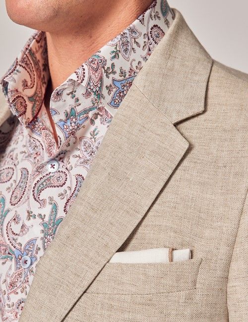 Natural Herringbone 3 Piece Linen Tailored Italian Suit - 1913 Collection-preview