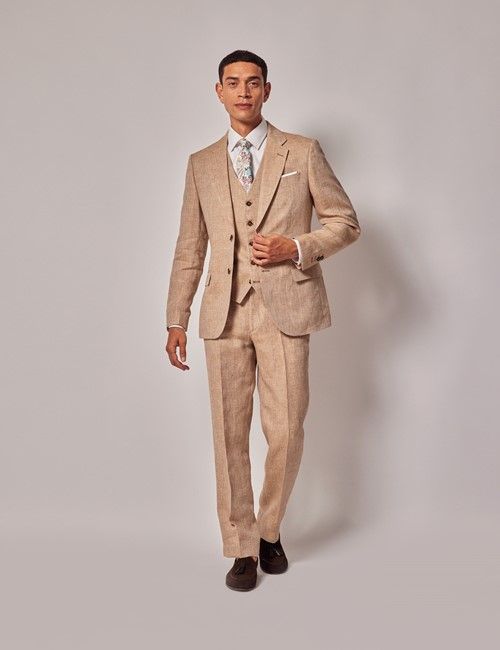 Sand Herringbone Linen 3 Piece Tailored Italian Suit - 1913 Collection