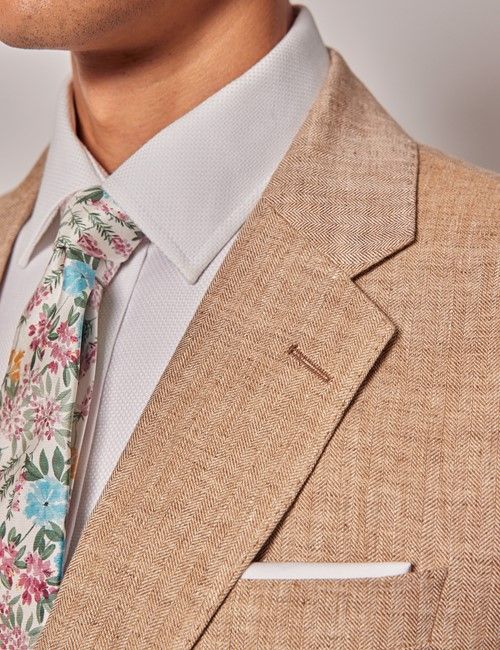 Sand Herringbone Linen 3 Piece Tailored Italian Suit - 1913 Collection-preview