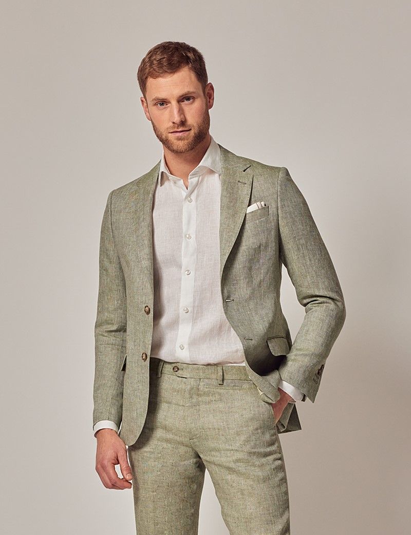 Men's Green Semi Plain Linen Tailored Fit Italian Suit - 1913 ...