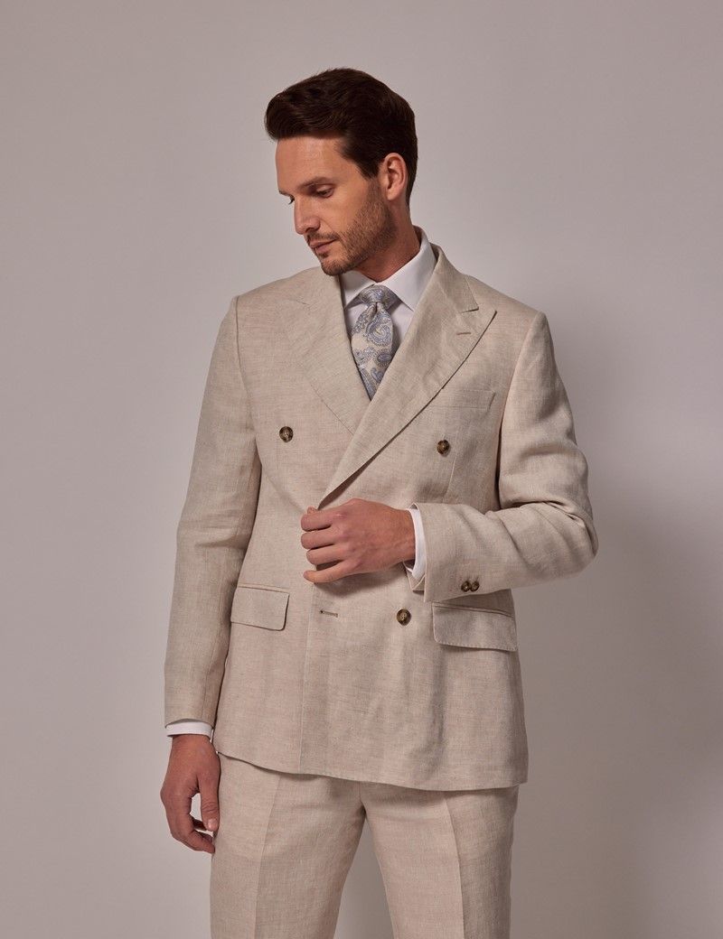 Men's Cream Double Breasted Linen Tailored Suit Jacket