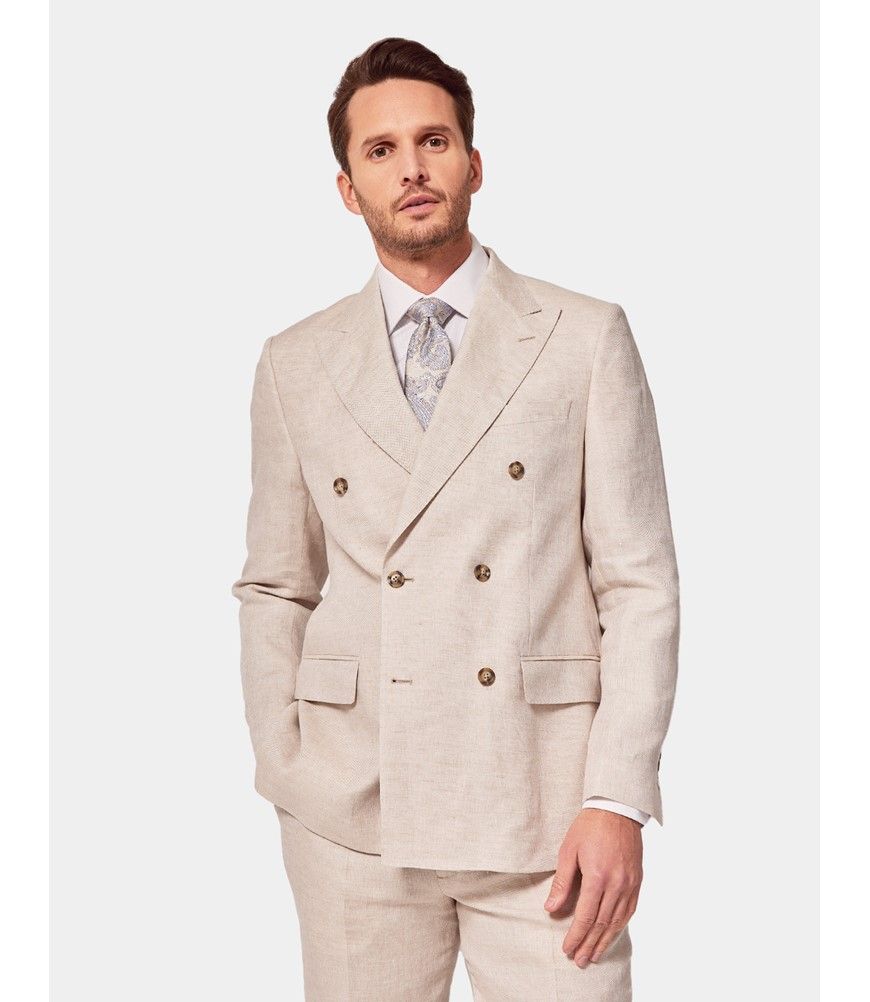 Men's Cream Double Breasted 2 Piece Linen Tailored Italian