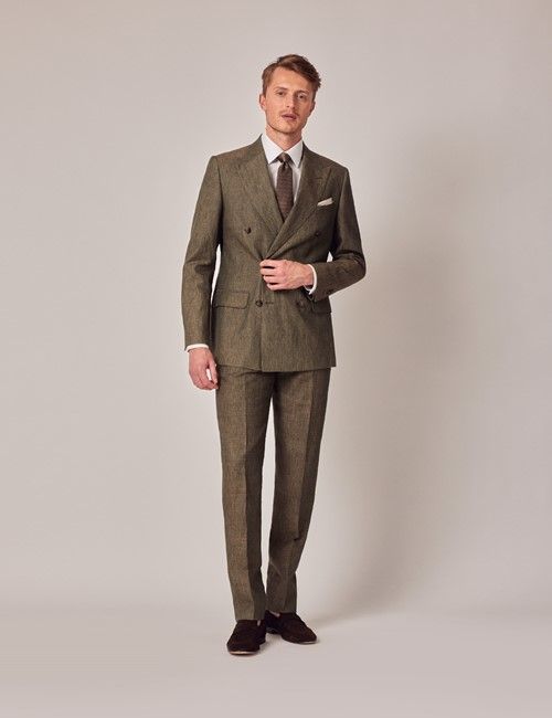 Dark Green Linen Tailored Double Breasted Italian Suit - 1913 Collection