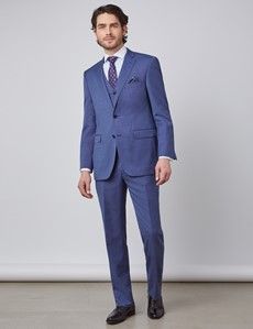 Men's Blue Pin Dot Semi Plain 3 Piece Classic Fit Suit