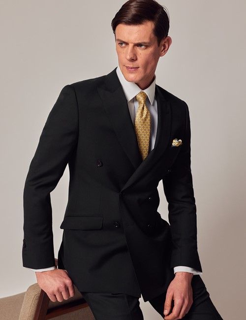 Black Twill Wool Double Breasted Slim Fit Suit Jacket