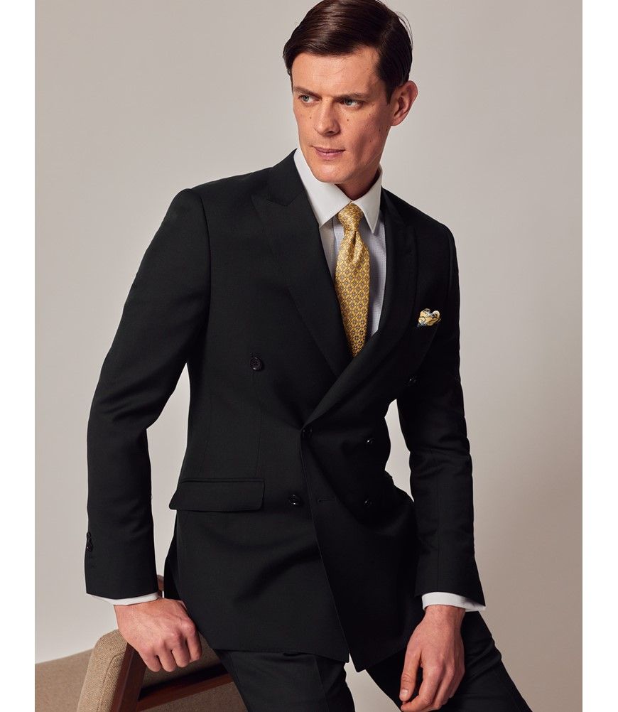 Black Twill Slim Double Breasted Suit Jacket