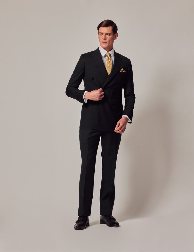 Men's Black Twill Wool Double Breasted Slim Fit Suit| Hawes and Curtis