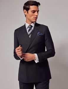 Dark Charcoal Twill Wool Double Breasted Slim Fit Suit Jacket
