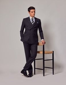 Dark Charcoal Grey Twill Weave Double Breasted Slim Suit