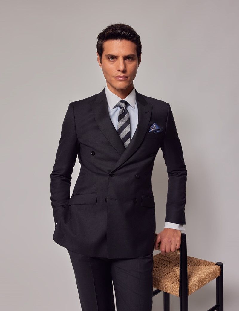 Men's Dark Charcoal Twill Double Breasted Slim Suit | Hawes & Curtis