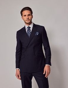 Navy Blue Twill Wool Double Breasted Slim Fit Suit