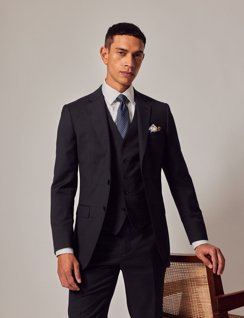 Men's Dark Charcoal Twill 3 Piece Slim Suit | Hawes & Curtis