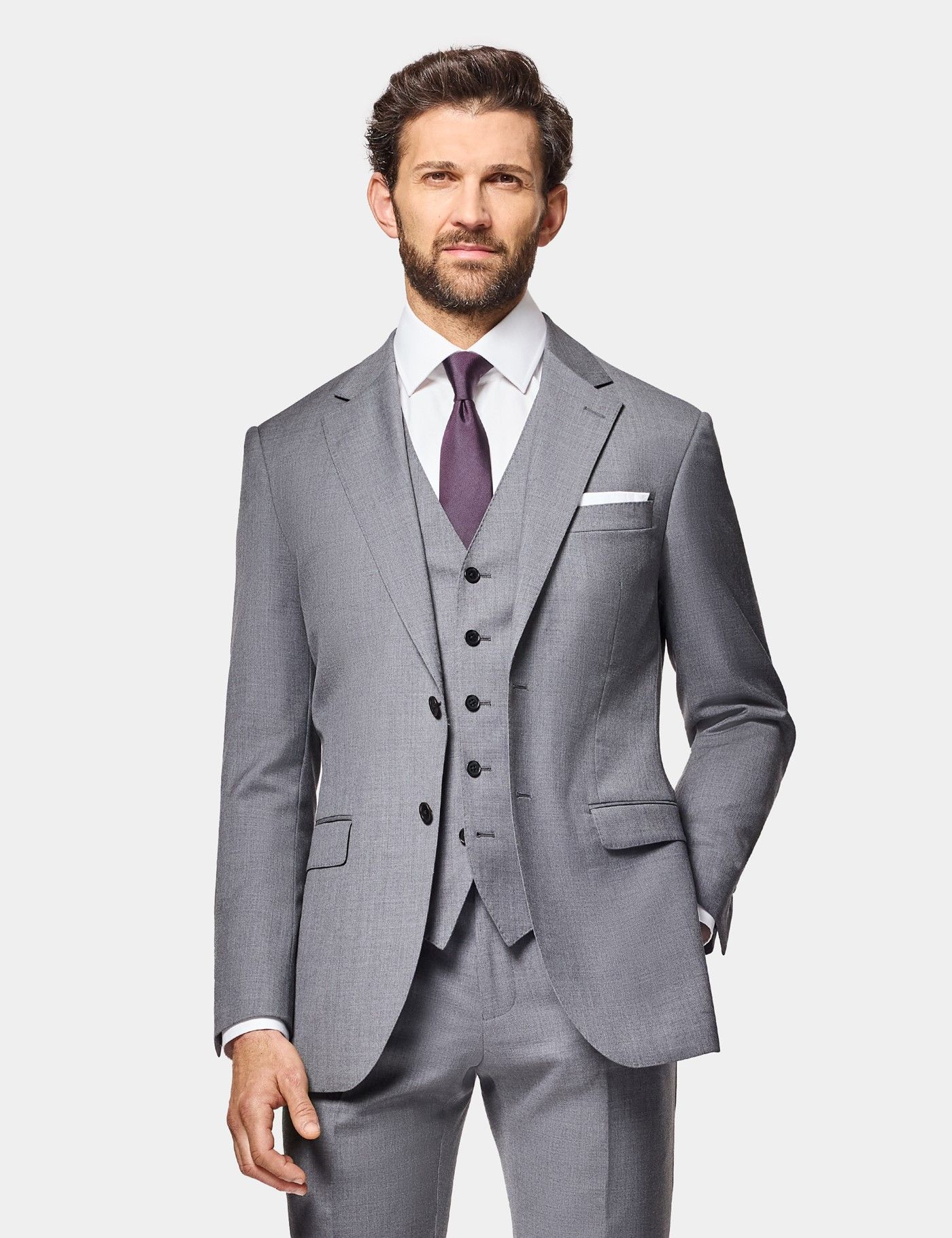 Men's Mid Grey 3 Piece Twill Slim Fit Suit - Super 100s Wool