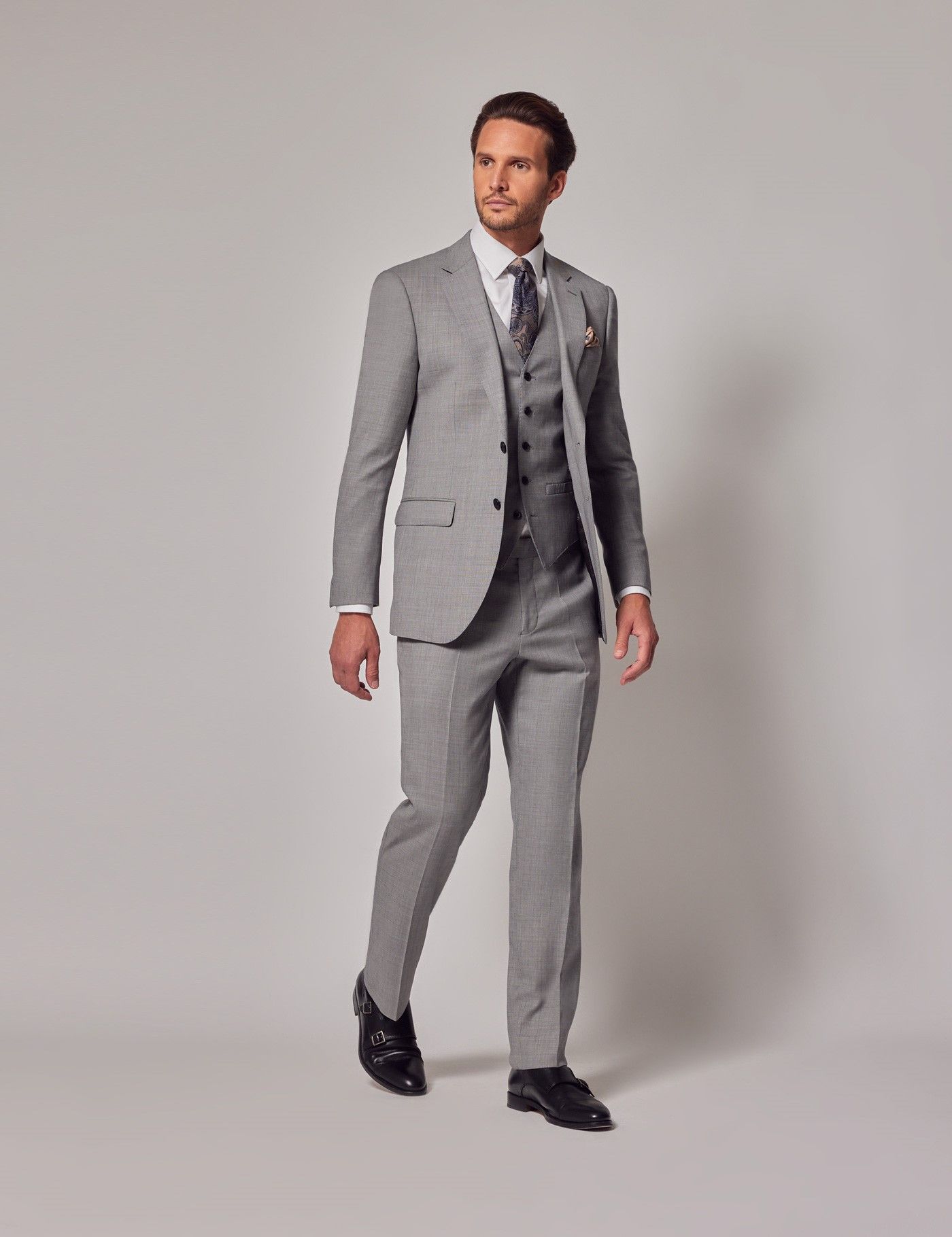 Men's Light Grey Twill 3 Piece Slim Fit Suit - Super 120s Men's Light Grey Twill 3 Piece Slim Fit Suit - Super 120s