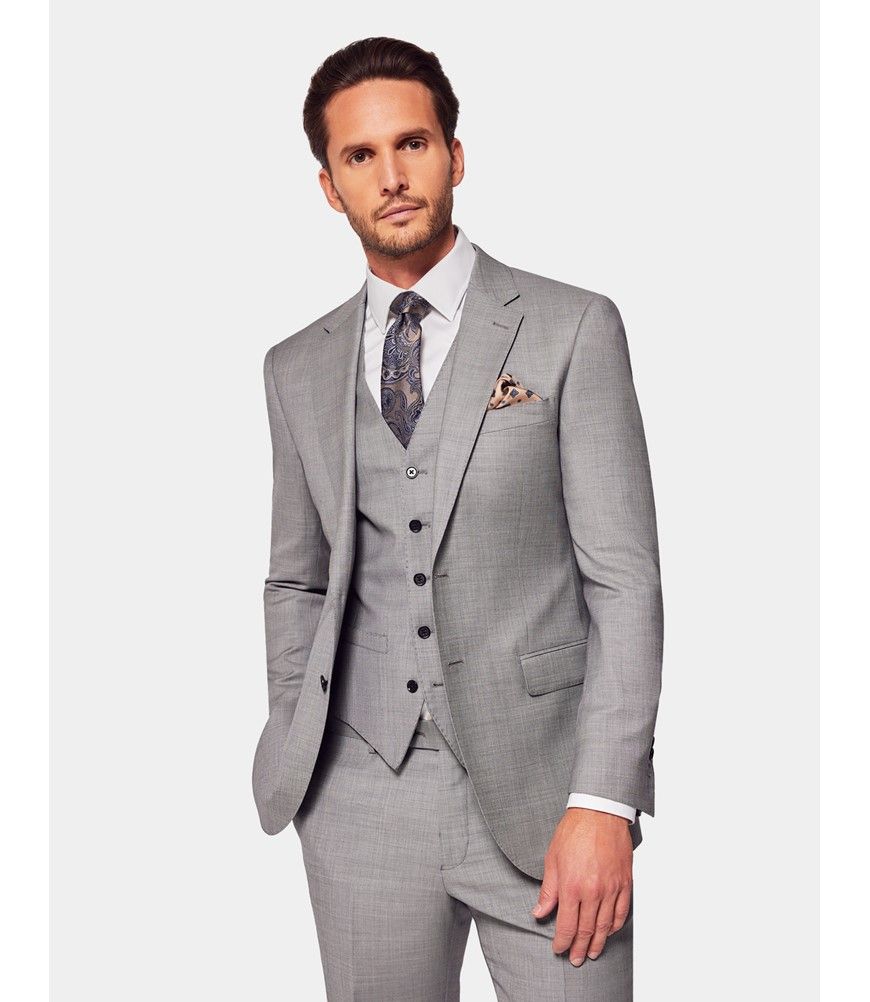 Men's Light Grey Twill 3 Piece Slim Fit Suit - Super 120s Wool