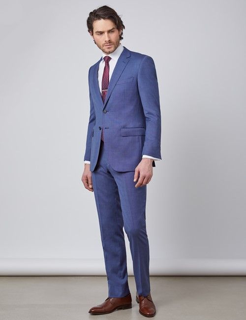 Men's Blue Pin Dot Semi Plain 3 Piece Slim Fit Suit