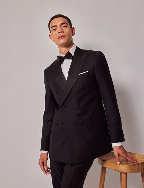 Black Wool Double Breasted Slim Fit Dinner Suit Jacket