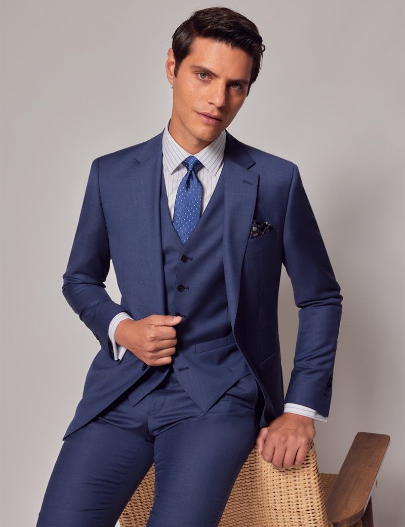 Mens Shiny Blue Sharkskin 3 Piece Single Breasted Suit main image 1
