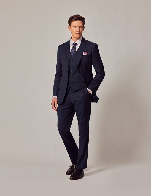 Navy Blue Hopsack 3 Piece Slim Suit