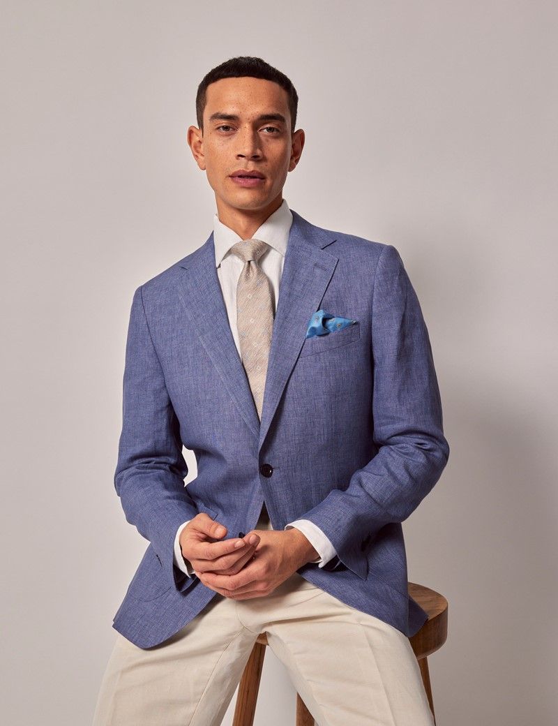 Men's Mid Blue Linen Slim Suit Jacket | Hawes & Curtis