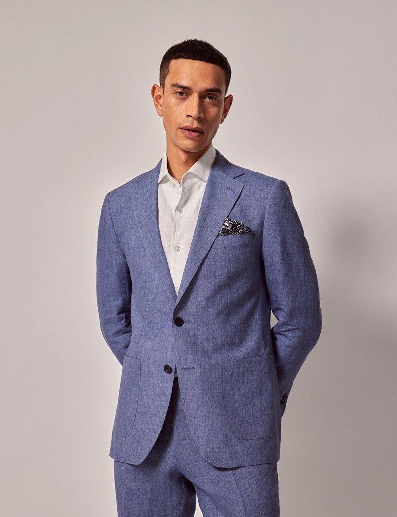 Men's Mid Blue Linen Slim Suit Jacket | Hawes & Curtis