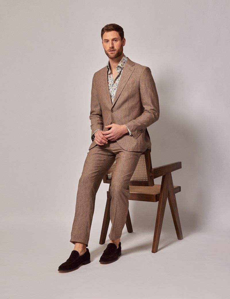 Men's Light Brown Linen Slim Suit | Hawes & Curtis