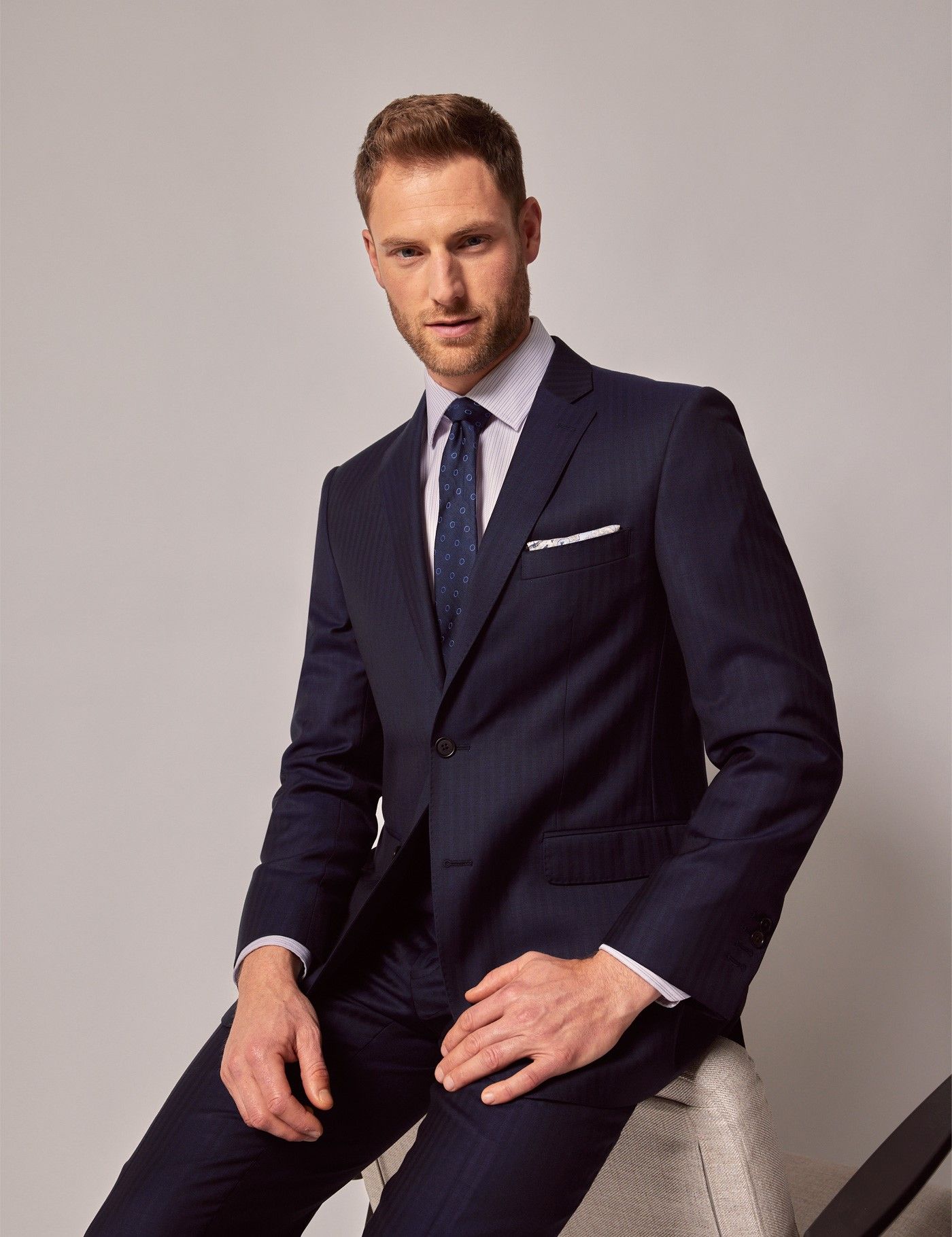 Men's Navy Herringbone Classic Suit Jacket | Hawes and Curtis