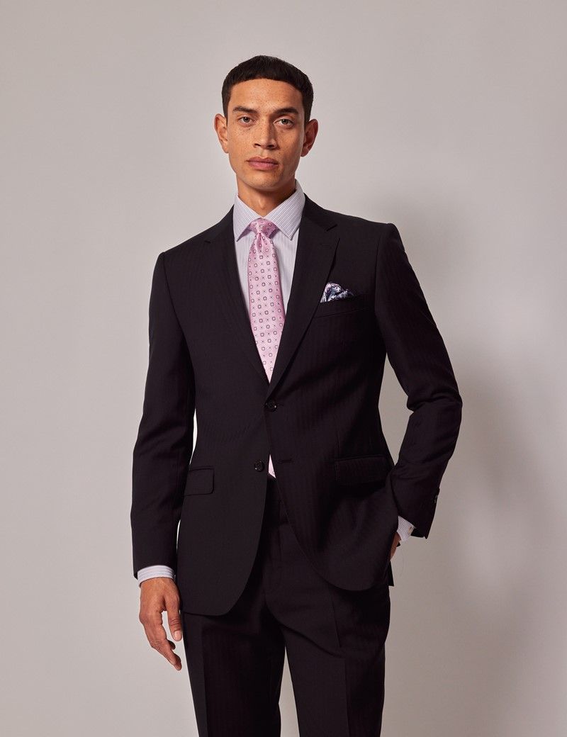 Men's Black Herringbone Slim Suit Jacket | Hawes and Curtis