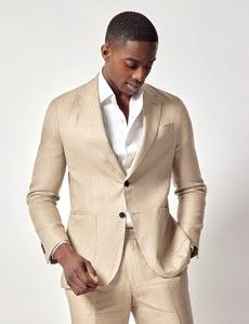 Taupe Hopsack Linen Slim Fit Suit Jacket