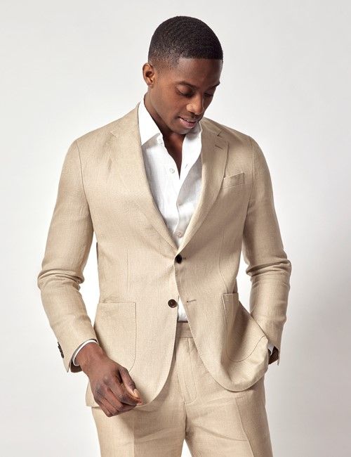 Taupe Hopsack Linen Slim Fit Suit Jacket