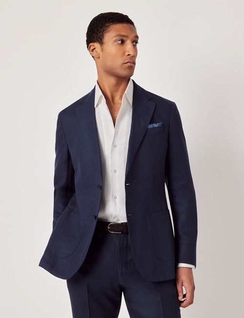 Navy Linen Slim Fit Suit Jacket