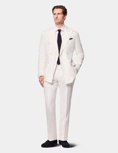 Tailored Fit Cream White Herringbone Linen Suit Jacket