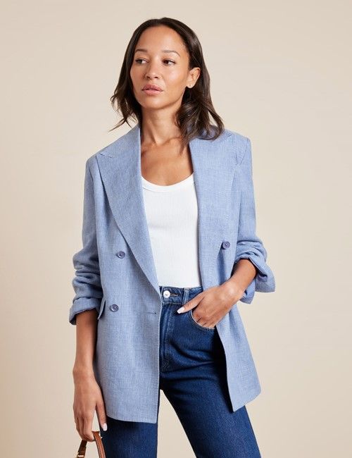 Blue Pleated Wide Leg Linen Trousers